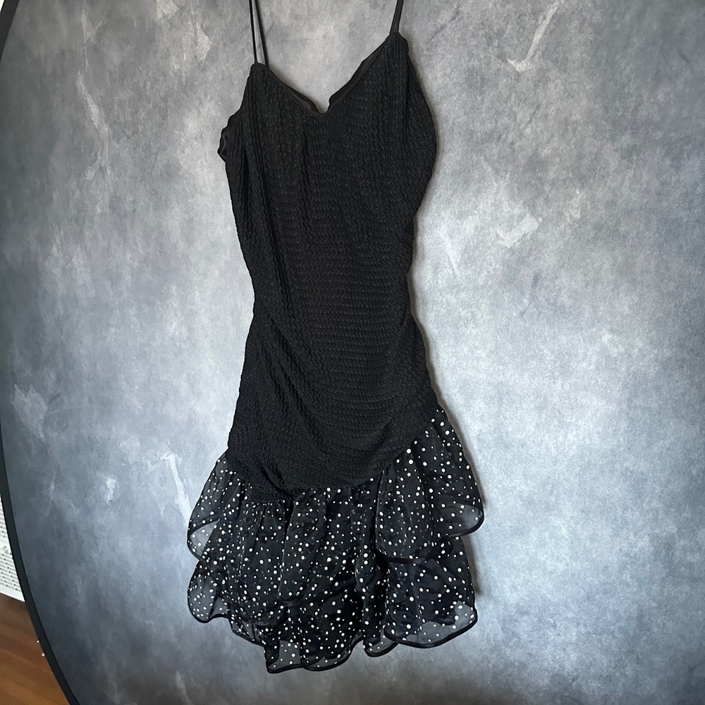 Vintage New Leaf Elegant Black Spaghetti Strap Dress Polka Dot Ruffle Detail